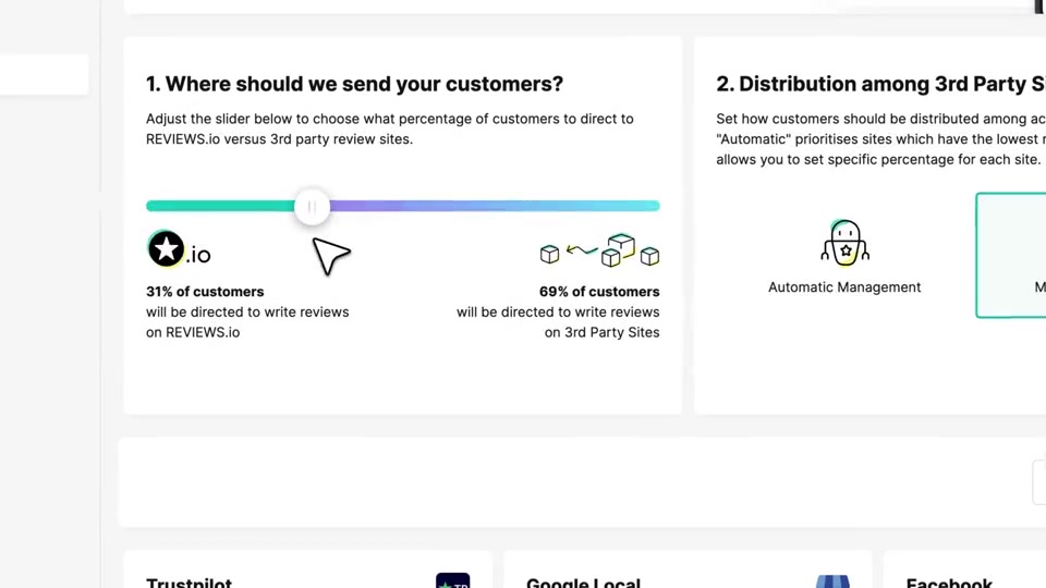 Still from the published REVIEWS.io film. A slider splits customers: 31 percent to REVIEWS.io, 69 percent to other sites. Manual management is on.